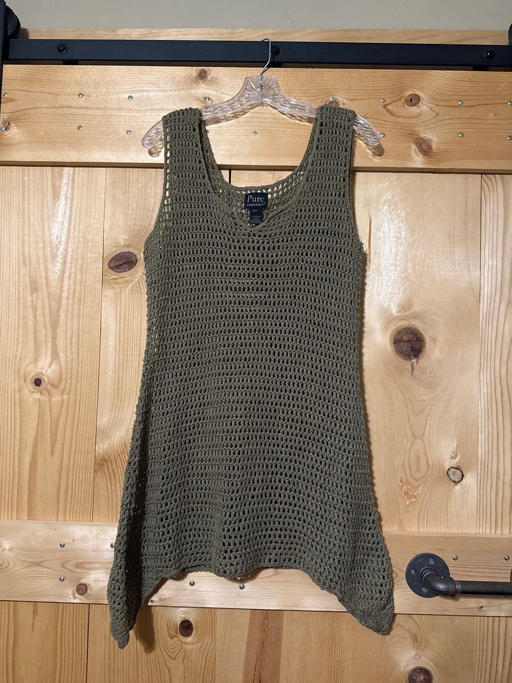Pure Handknit Crocheted Olive Green Mini Dress Cover Up 100% Cotton Sz M/L Boho